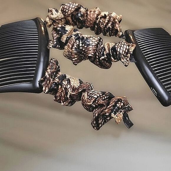 Vtg Y2K brown snake print double comb faux silk scrunchie hair fastener - Picture 5 of 7